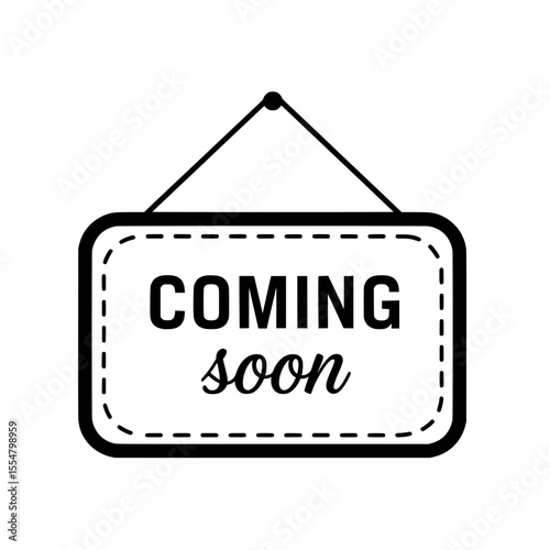 A minimalist black vector illustration depicting a hanging sign with the text "COMING soon" in the center. 