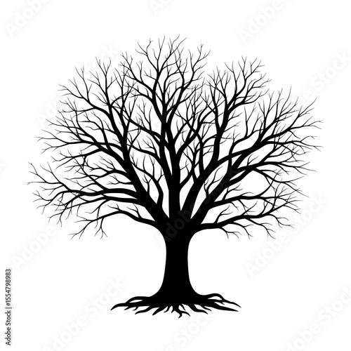 A minimalist black vector illustration featuring the silhouette of a leafless tree with reaching branches and roots gripping the ground. 