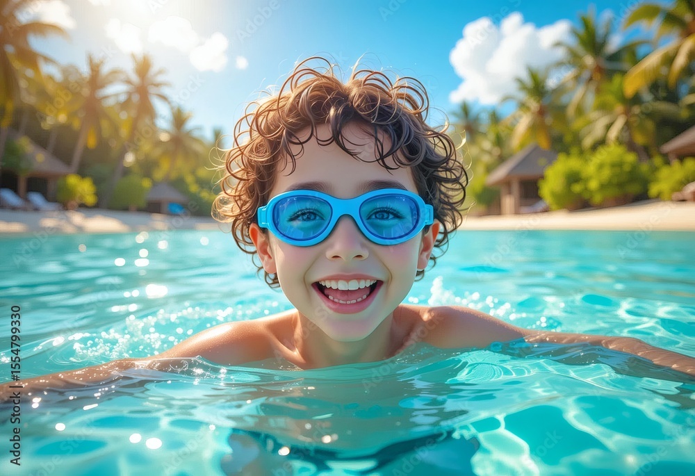 Naklejka premium Smiling Child Enjoying a Tropical Vacation in a Pool Under the Sun