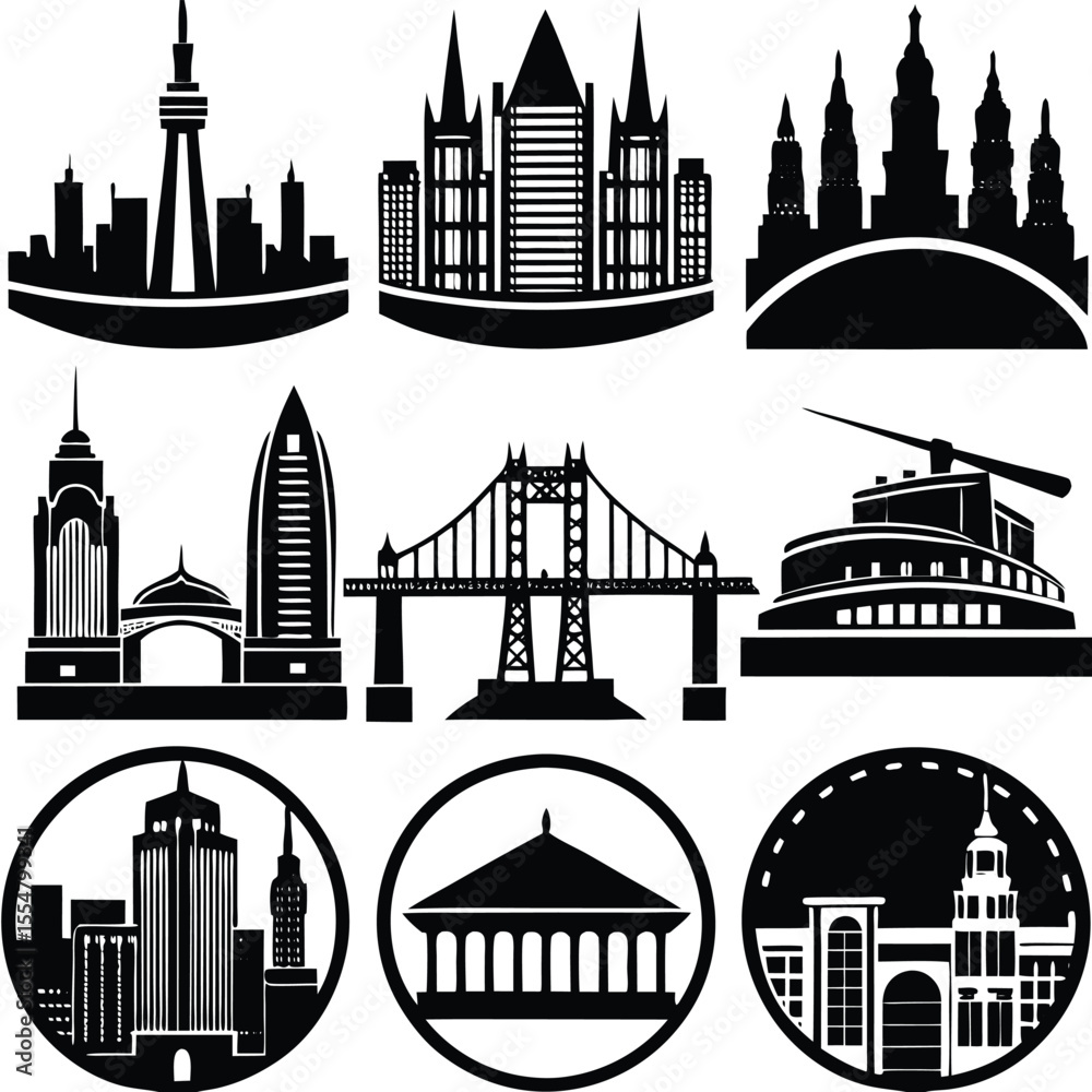 Fototapeta premium City Buildings Bridge Set