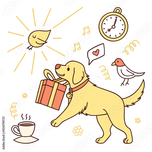 A Amused Golden Retriever with carrying a gift box in a Morning sunshine theme – Sunny Mornings palette SVG illustration