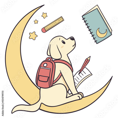 Charming SVG of a Gentle Golden Retriever featuring sitting on a moon, styled in a Back to school theme with Chalkboard Fun hues