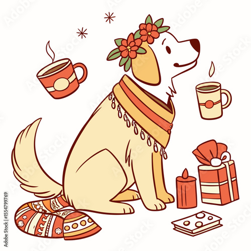 Cute Cheerful Golden Retriever, accessorized with with a flower crown, in a Christmas world – Warm Cozy palette vector