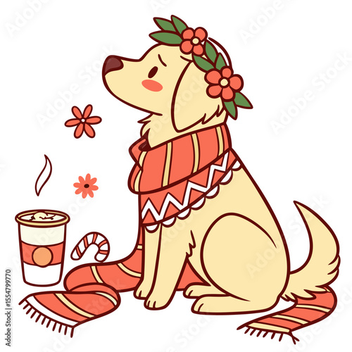 Cute Cheerful Golden Retriever, accessorized with with a flower crown, in a Christmas world – Warm Cozy palette vector