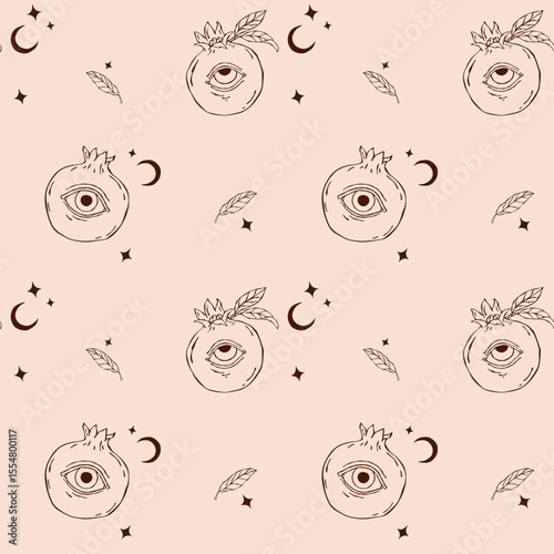 Seamless surreal vector pattern featuring a pomegranate with eyes combined with esoteric moons and stars. A mystical and imaginative line art design blending fantasy and cosmic elements