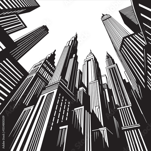Urban Skyscraper Silhouette City Building Skyline Icon in Black and White