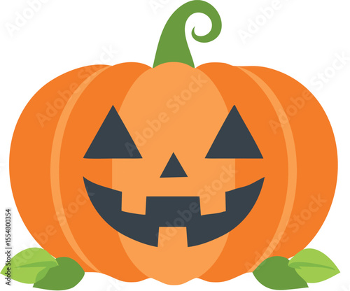Bright orange halloween pumpkin with friendly carved face and simple clean shapes sits centered on blank white scene ideal