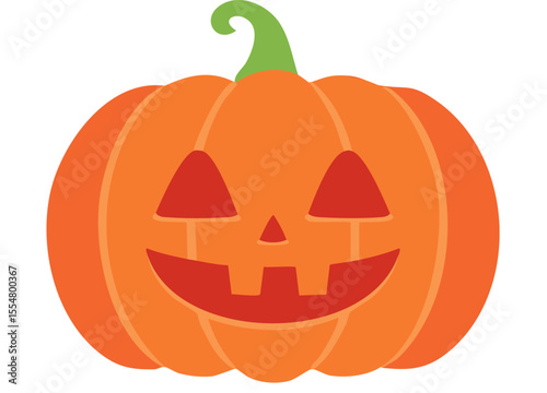 Friendly autumn pumpkin character carved with classic triangle eyes and toothy grin sits on crisp white surface perfect for festive marketing materials