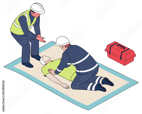 CPR demonstration by a safety officer to a factory worker during safety training, shown in isometric isolated style.
