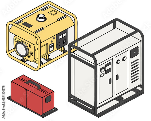 Power station generators of different types and sizes with gas engines and motors in isometric view, suitable for industry, construction, and home equipment, white background isolated.