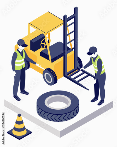 Two industrial technicians repairing a forklift wheel using safety equipment and tools on an isolated platform during routine warehouse maintenance.