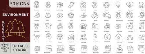 Environment Ecology Icon Set - 50 Editable Green Nature Icons for Sustainability, Climate Change and Environmental Protection Vector Collection. Editable Stroke linear icons