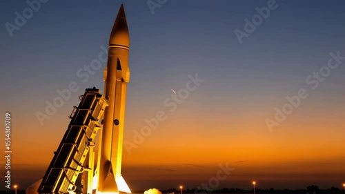 Silhouette of a rocket launch pad against a vibrant sunset sky with a shooting star