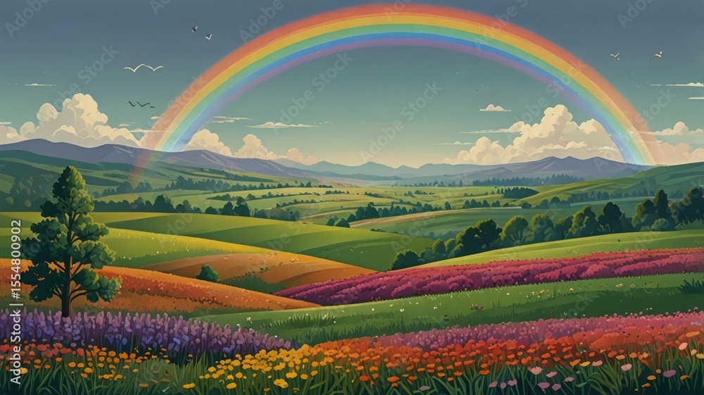 Obraz premium Dreamy Centered Rainbow Scene Over Lush Hills in Soft Vector Style