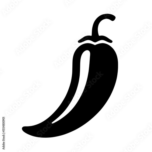 Vector illustration of a single chili pepper silhouette with its characteristic curved shape. 