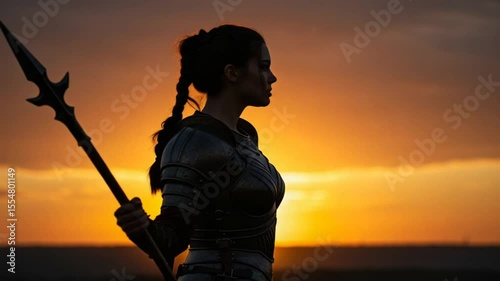 Silhouette of a warrior woman holding a spear against a vibrant sunset background
