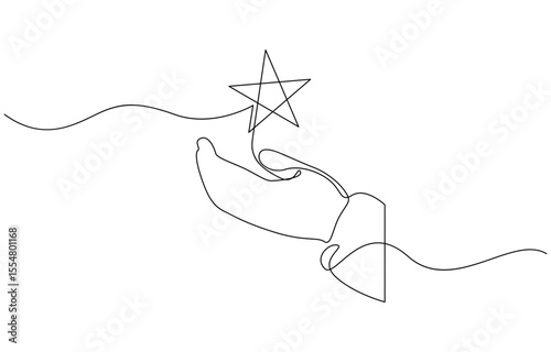 Continuous one line hand hold star with forefinger and thumb, Hand holds star on the palm of his hand, puts rating, reviews. Vector continuous line.