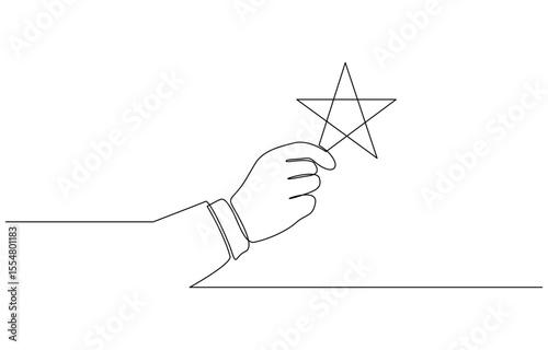 Continuous one line hand hold star with forefinger and thumb, Hand holds star on the palm of his hand, puts rating, reviews. Vector continuous line.