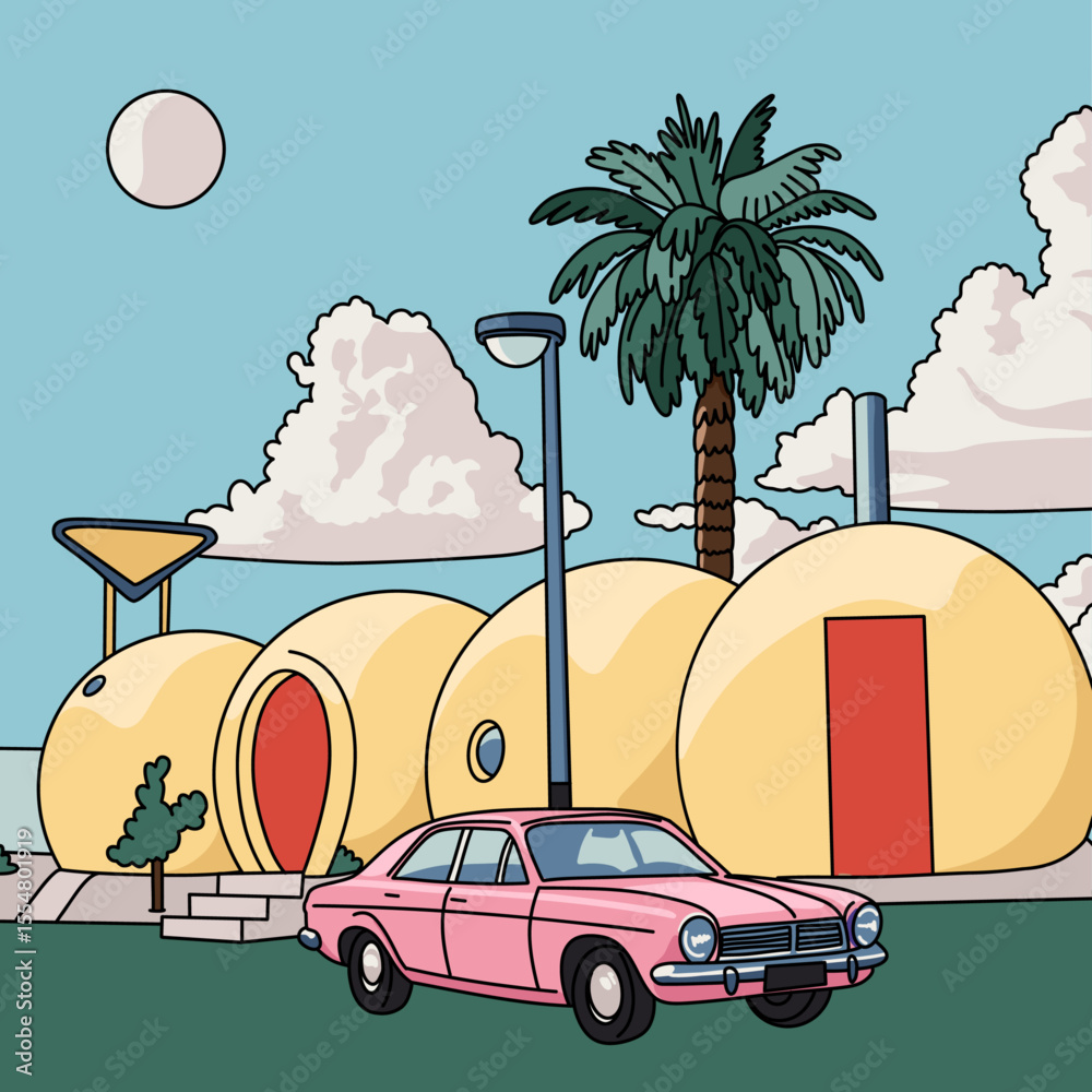 Retro Futuristic Yellow Pod Houses with Pink Vintage Car by the Sea on a Sunny Day