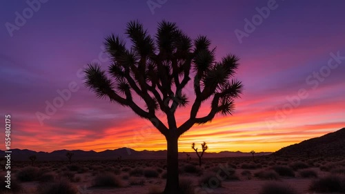 Silhouetted Joshua tree against a vibrant sunset sky in a desert landscape, serene atmosphere