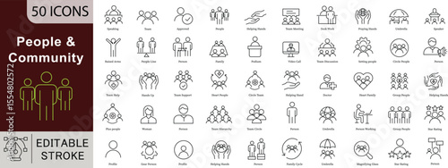 People Community Icon Set - 50 Editable Social Group Icons for Teamwork, Networking and Human Connection Vector Collection. Editable Stroke linear icons