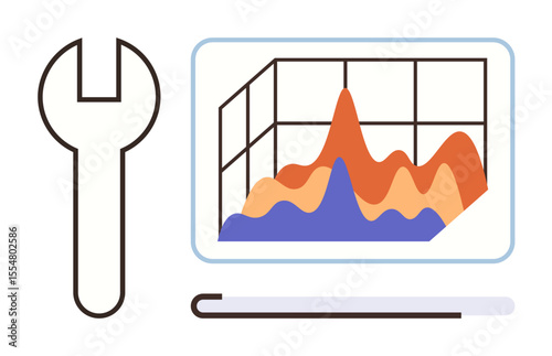 Wrench beside a 3D graph with flowing data peaks and valleys. Ideal for analytics, problem-solving, strategy, progress, business, tools, and optimization. Simple flat metaphor
