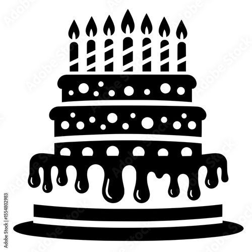 Elegant three-tiered birthday cake silhouette vector illustration featuring dripping chocolate icing and seven lit candles on top. 