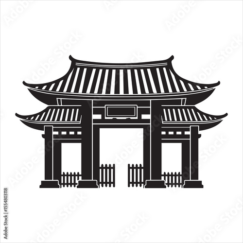 Traditional Asian Temple Silhouette Icon with Pagoda Roof in Black and White