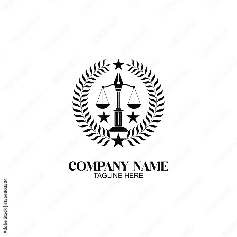 Law Firm Emblem: An elegant emblem of justice, featuring scales, stars, and a laurel wreath, represents the core values of law and order in a modern design. Law Firm Emblem: An elegant emblem of justice, featuring scales, stars, and a laurel wreath, represents the core values of law and order in a modern design.