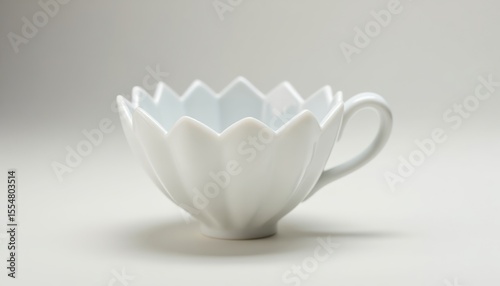A Beautifully Designed White Ceramic Cup with Elegant Petal-Like Edges on a Soft Background