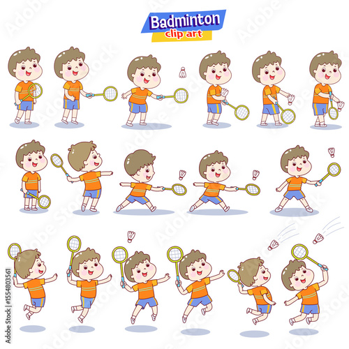 Set cartoon kids playing badminton.