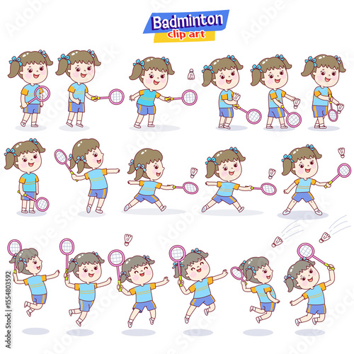 Set cartoon kids playing badminton.