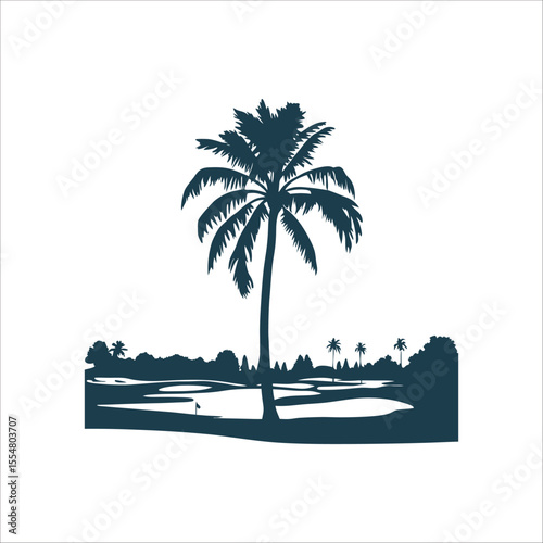 Golf Course Silhouette with Palm Tree and Flag Golf Course Tree Lone palm or pine silhouette