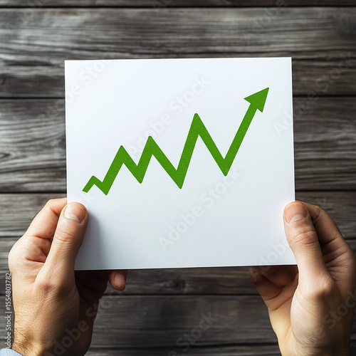 business growth line chart in green color on a wide white card in horizontal format held between to middle aged hands, POV camera perspective, ultra realistic,  made with generative AI
