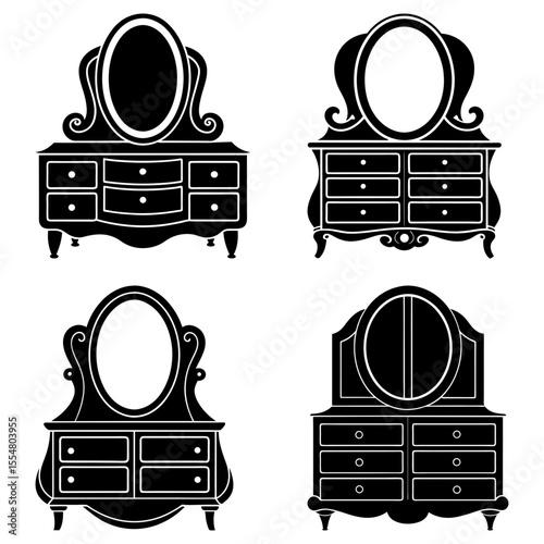 Four black and white silhouette illustrations of antique vanity dressers with oval mirrors and drawers