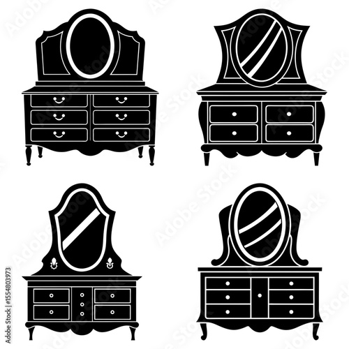 Four black silhouette illustrations of antique vanity dressers with oval mirrors and drawer storage