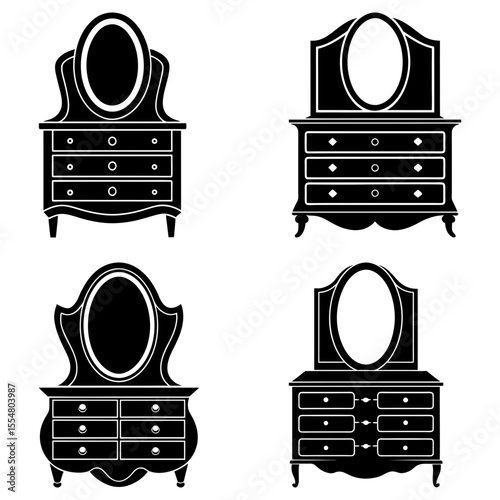 Four antique dressers with mirrors in black and white silhouette style for furniture design elements use
