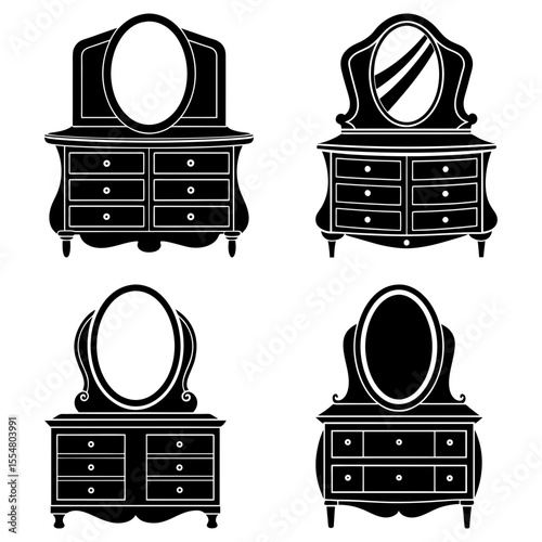 Four black and white silhouette illustrations of different vintage vanity tables with mirrors