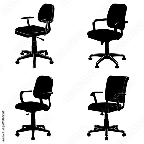 Four office chairs in black silhouette against a white background arranged in a square pattern