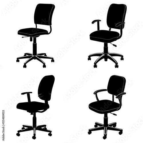 Four black office chairs with adjustable height and swivel base on a white background in silhouette style