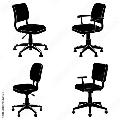 Four office chairs with adjustable height and swivel base in black and white silhouette style design