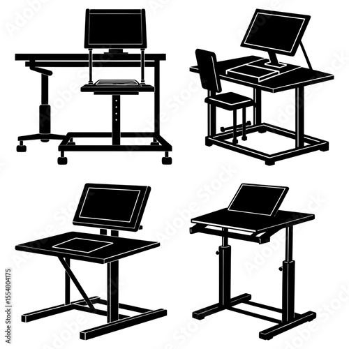 Four different desk and computer setups in black and white showing various ergonomic configurations