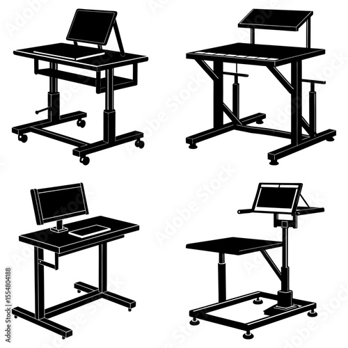 Four black and white illustrations of adjustable standing desks with various designs and configurations