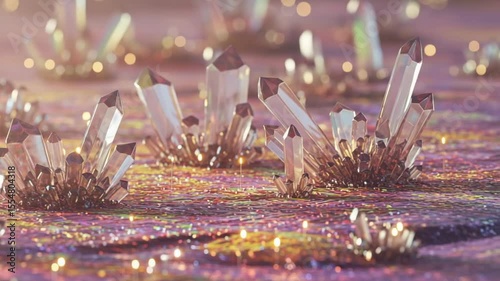 Sparkling crystal formations emerge from a colorful, shimmering surface in a surreal landscape