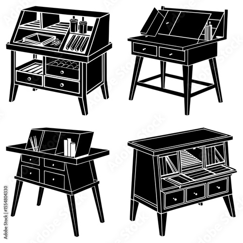 Four black and white illustrations of different styles of wooden desks with drawers and compartments shown