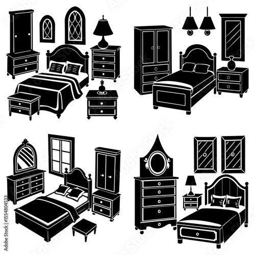 Illustration showing various bedroom furniture sets including beds wardrobes and dressers in black and white