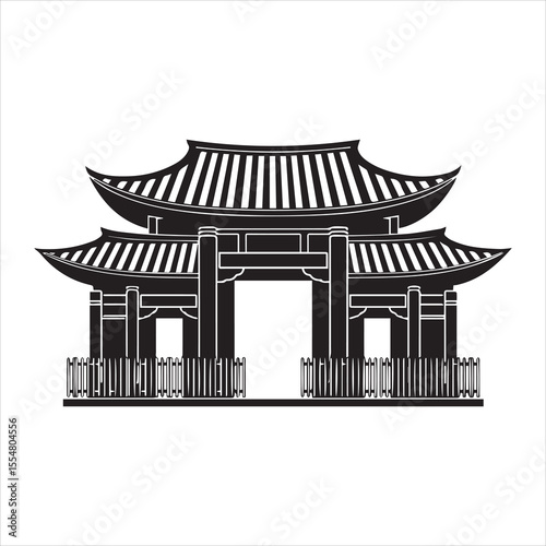 Traditional Asian Temple Silhouette Icon with Pagoda Roof in Black and White