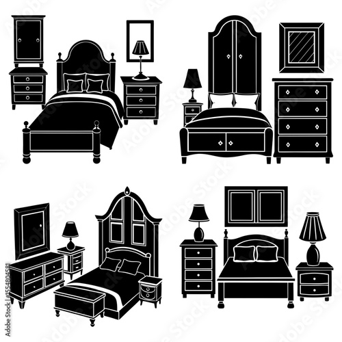 Collection of four bedroom sets including beds dressers nightstands and lamps in a black and white design