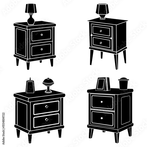 Four black and white bedside tables each with two drawers and different items on top design