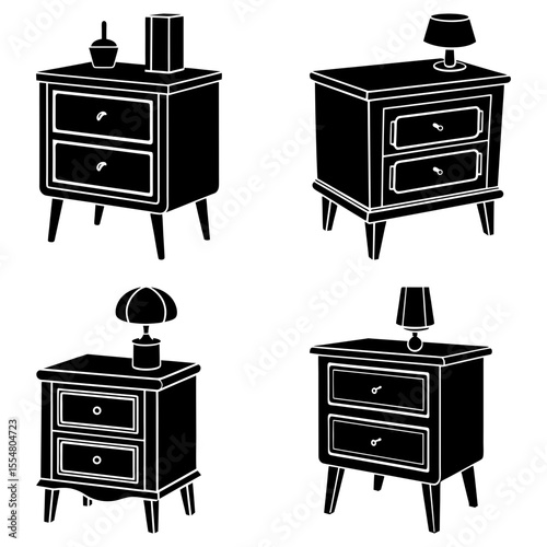 Illustration of four black bedside tables with two drawers and various items on top in a simple style